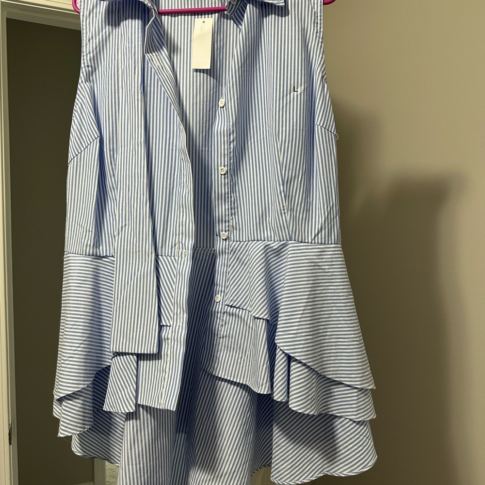 New York & Company Light Blue & White Striped Ruffle Sleeveless Button-Up Top